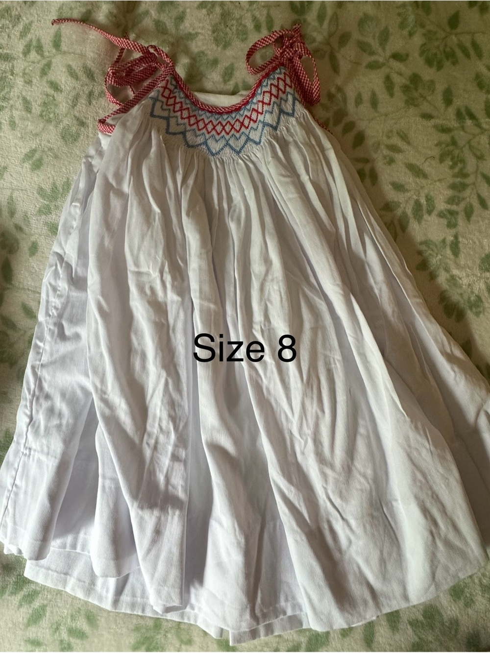 White Girls' Smocked Summer Dress with Red & Blue Trim